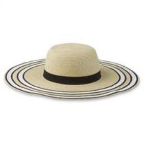 Tan straw beach/garden/sun hat black+white stripes